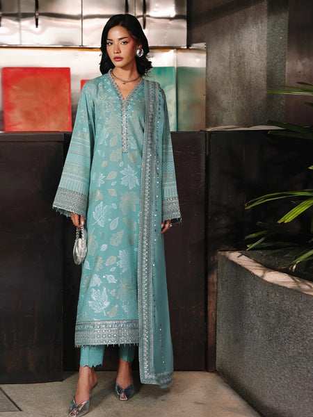 Pant Pakistani Dress - Aqua Jacquard Embroidered Premium Festive Wear