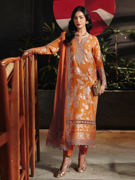 Pant Pakistani Dress - Orange Jacquard Embroidered Elegant Wedding Wear