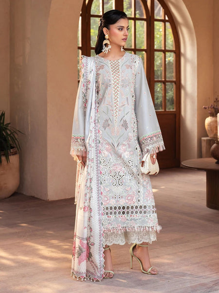 Pant Pakistani Dress - Ice Blue Exclusive Lawn Floral Embroidered Elegant Wear