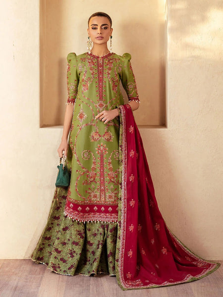 Pant Pakistani Dress - Olive Exclusive Lawn Heavy Embroidered Luxury Wear