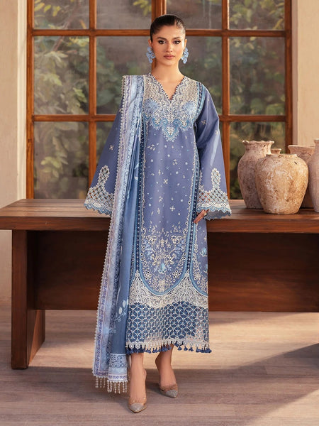 Pant Pakistani Dress - Dusty Blue Exclusive Lawn Embroidered Premium Wear