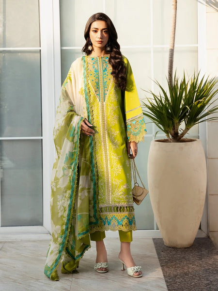 Pant Pakistani Dress - Lime Green Lawn Floral Embroidered Luxe Wear