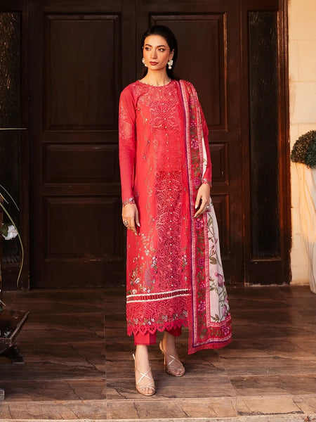 Pant Pakistani Dress - Coral Red Lawn Heavy Embroidered Glam Party Wear