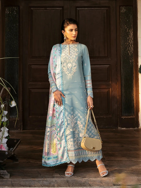 Pant Pakistani Dress - Powder Blue Lawn Intricate Embroidered Royal Wear
