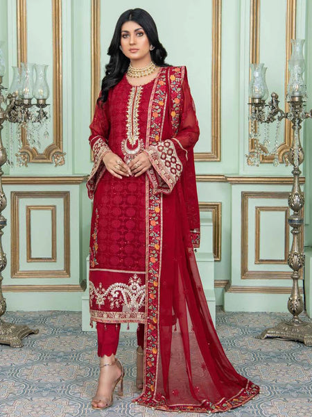 Plus-Sizes Salwar Kameez - Crimson Red Chiffon Heavy Embroidered Wedding Wear