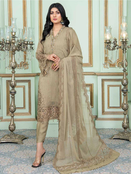 Plus-Sizes Salwar Kameez - Taupe Beige Chiffon Hand Embroidered Straight