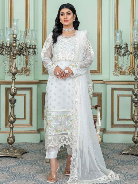 Plus-Sizes Salwar Kameez - Pure White Chiffon Floral Embroidered Festive Wear