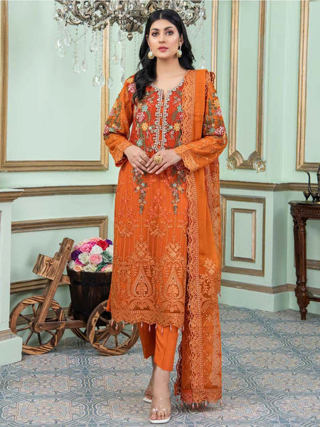 Plus-Sizes Salwar Kameez - Orange Chiffon Ethnic Motifs Embroidered