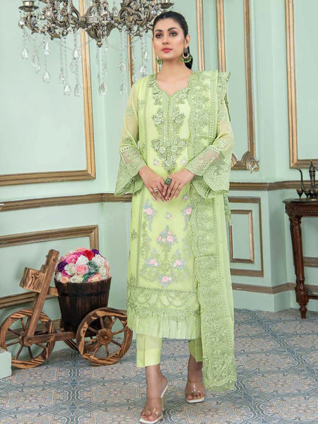Plus-Sizes Salwar Kameez - Pistachio Green Chiffon Heavy Embroidered