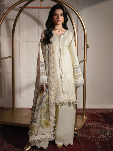 Party Salwar Kameez - Ivory Lawn Floral Embroidered Premium Festive