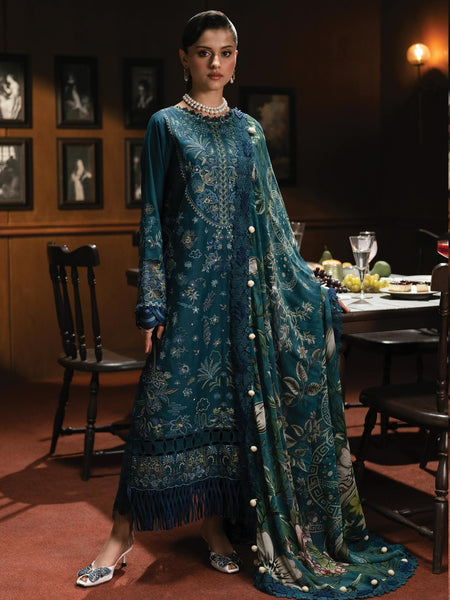 Party Salwar Kameez - Teal Lawn Floral Embroidered Royal Party