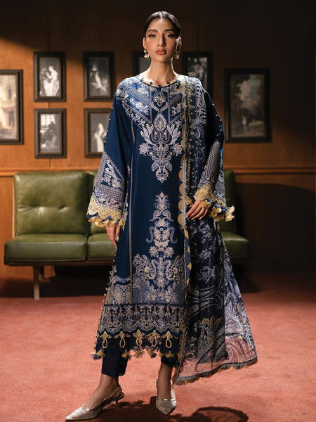 Party Salwar Kameez - Navy Blue Lawn Heavy Embroidered Royal Wedding Wear