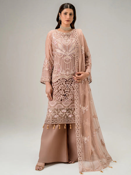  Pakistani Dress - Nude Beige Chiffon Floral Embroidered