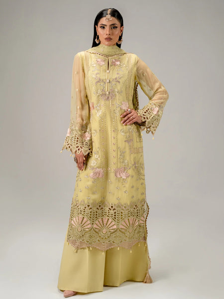  Pakistani Dress - Pastel Yellow Chiffon Floral Embroidered Elegant