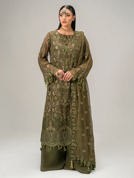  Pakistani Dress - Olive Chiffon Intricate Threadwork Royal