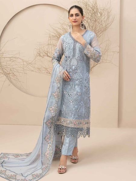 Blue Salwar Kameez - Embroidered Organza Jacquard