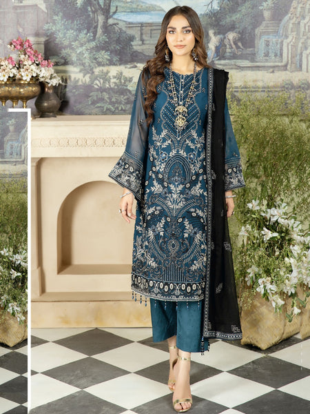 Blue Salwar Kameez - Embroidered Viscose Chiffon