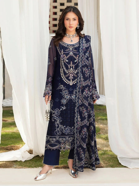Pant Salwar Kameez - Navy Blue Chiffon Heavy Embroidered Designer Wear