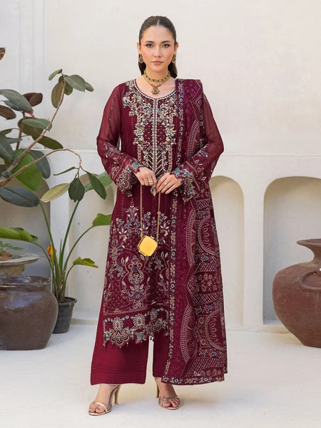Pant Salwar Kameez - Burgundy Chiffon Heavy Embroidered Luxury Wear