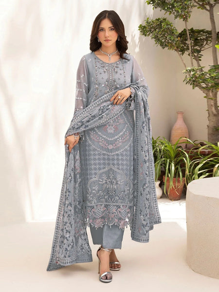 Pant Salwar Kameez - Powder Blue Chiffon Intricate Embroidered Premium Wear