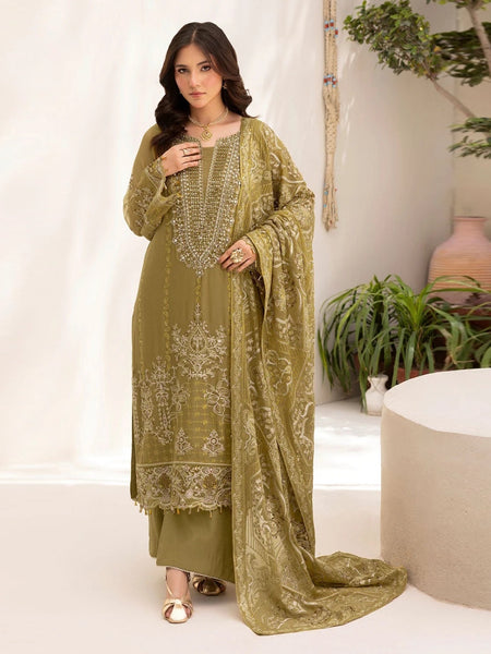 Pant Salwar Kameez - Olive Green Chiffon Heavy Embroidered Royal Wear