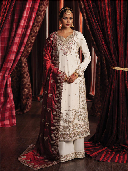 Party Pakistani Dress - Ivory Rawsilk Heavy Zari Work Luxury Wear