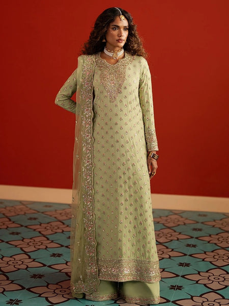 Party Pakistani Dress - Pastel Green Rawsilk Finely Embroidered Elegant