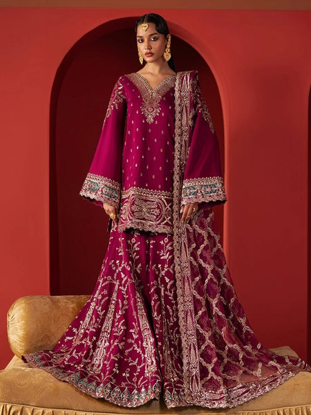 Party Pakistani Dress - Magenta Rawsilk Heavy Zari Work Luxury