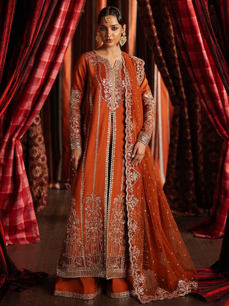 Party Pakistani Dress - Rust Rawsilk Heavy Embroidered Elegant