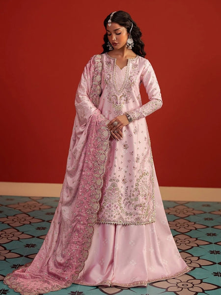 Party Pakistani Dress - Pastel Pink Rawsilk Finely Embroidered Elegant