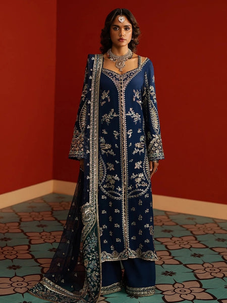 Party Pakistani Dress - Navy Blue Rawsilk Intricate Threadwork Luxury