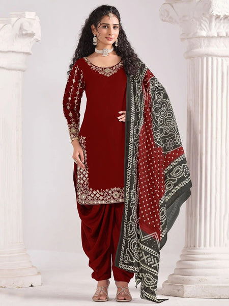  Indian Dress - Maroon Art Silk Embroidered Punjabi Suit