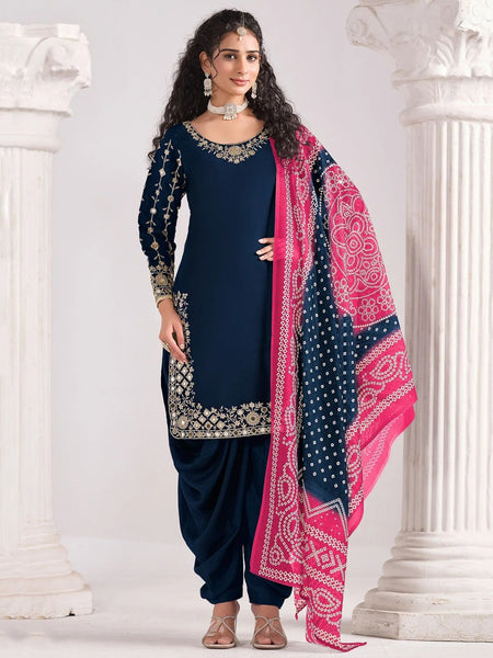  Indian Dress - Navy Blue Art Silk Embroidered Punjabi Suit