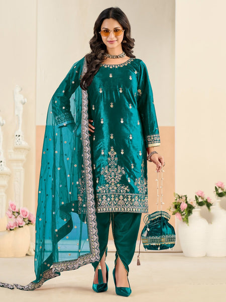 Straight Salwar Kameez - Emerald Green Velvet Heavy Embroidered Punjabi