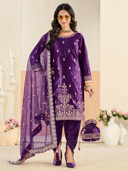 Straight Salwar Kameez - Royal Purple Velvet Heavy Embroidered Punjabi
