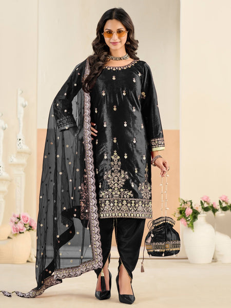 Straight Salwar Kameez - Black Velvet Heavy Embroidered Punjabi Suit