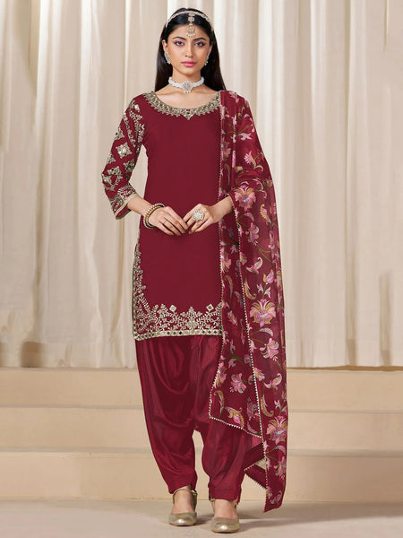 Punjabi Salwar Kameez - Purple Silk Floral Embroidered Punjabi Suit