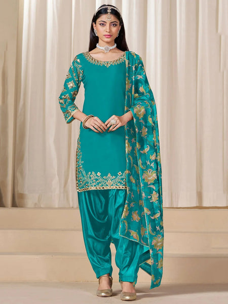 Punjabi Salwar Kameez - Teal Green Silk Floral Embroidered Punjabi Suit
