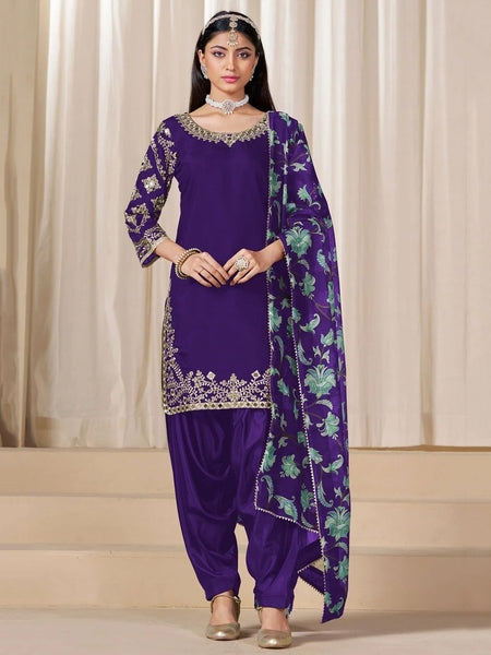 Punjabi Salwar Kameez - Maroon Art Silk Floral Embroidered