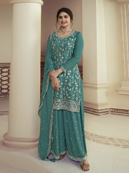 Palazzo Indian Dress - Turquoise Chinon Heavy Embroidered Sharara