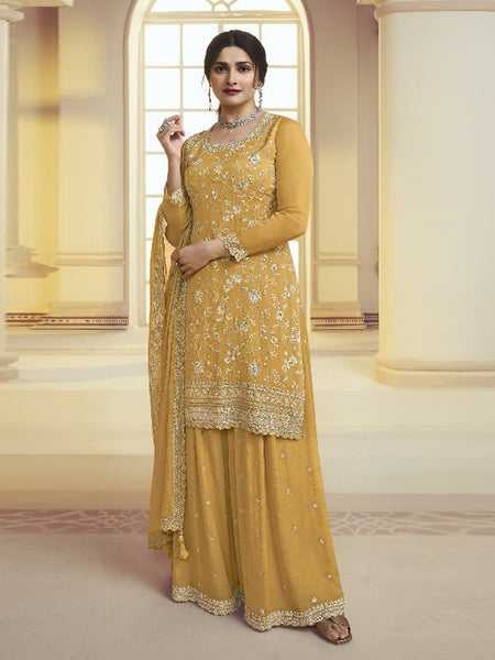 Palazzo Salwar Kameez - Mustard Yellow Chinon Heavy Embroidered Sharara