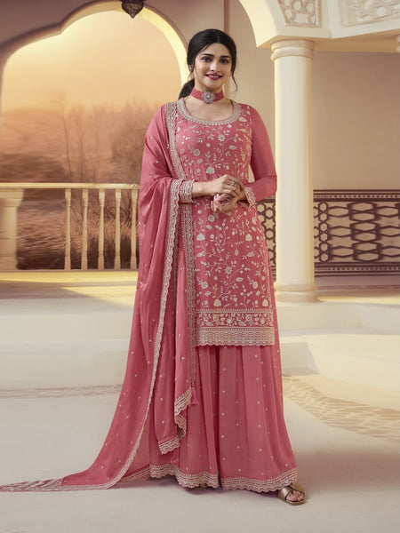 Palazzo Salwar Kameez - Coral Pink Chinon Heavy Embroidered Sharara