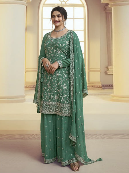 Palazzo Salwar Kameez - Emerald Green Chinon Heavy Embroidered Sharara