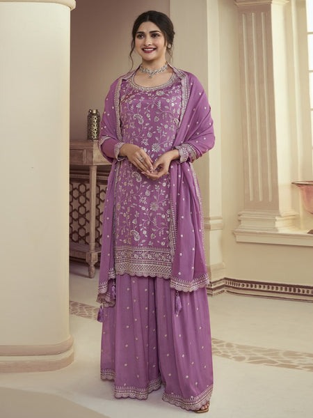 Palazzo Salwar Kameez - Lavender Purple Chinon Heavy Embroidered Sharara