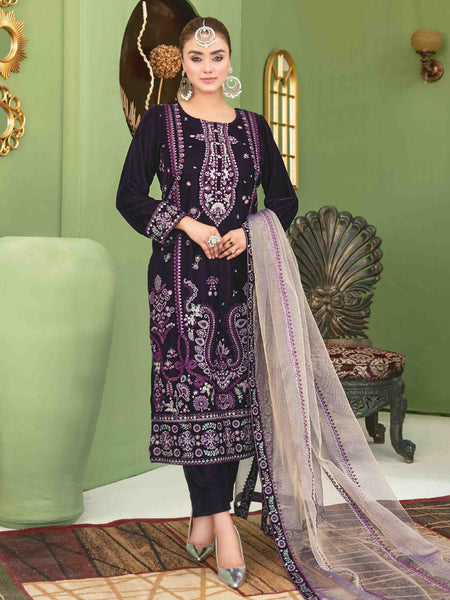 Pakistani Salwar Kameez - Embroidered Velvet