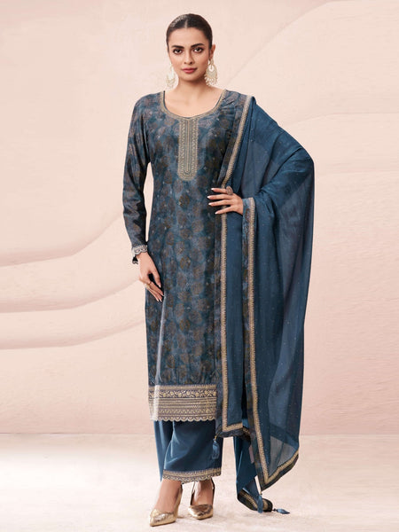 Palazzo Salwar Kameez - Teal Blue Chinon Digital Printed Embroidered