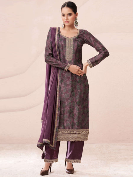 Palazzo Salwar Kameez - Plum Chinon Digital Printed Embroidered Festive Wear