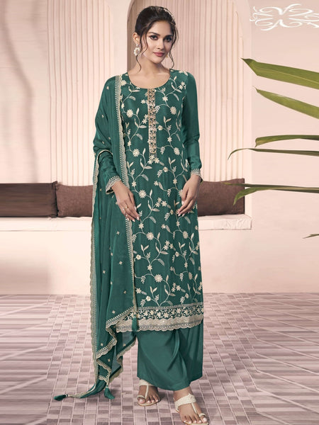 Red Indian Dress - Embroidered Thread Chinon