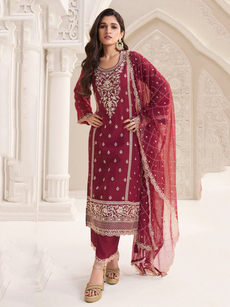 Red Indian Dress - Embroidered Silk Chiffon
