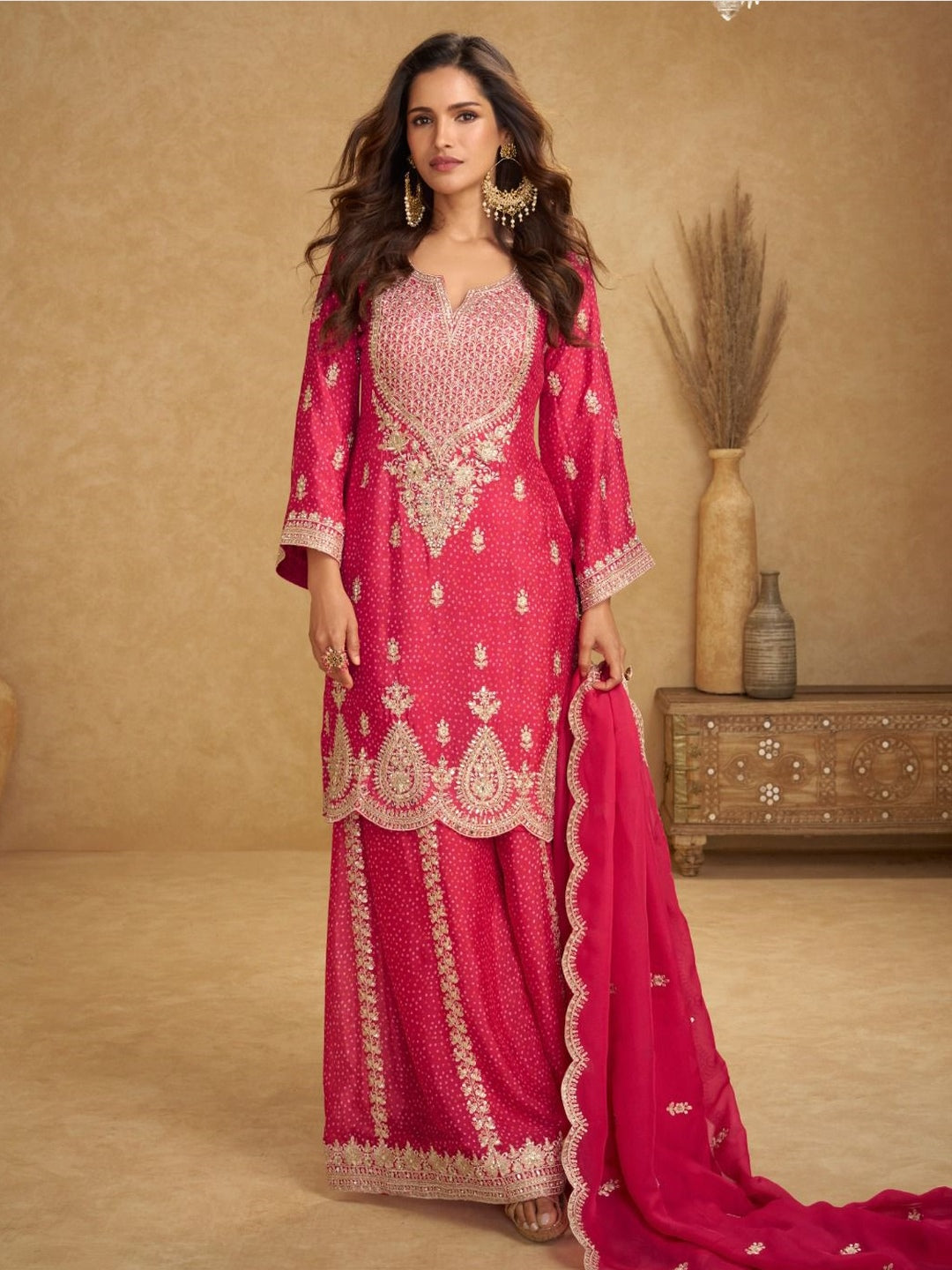 Buy Rani Pink Chinnon Silk Heavy Embroidered Straight Cut Designer Wedding Salwar Kameez - Indian Dress - C1376B